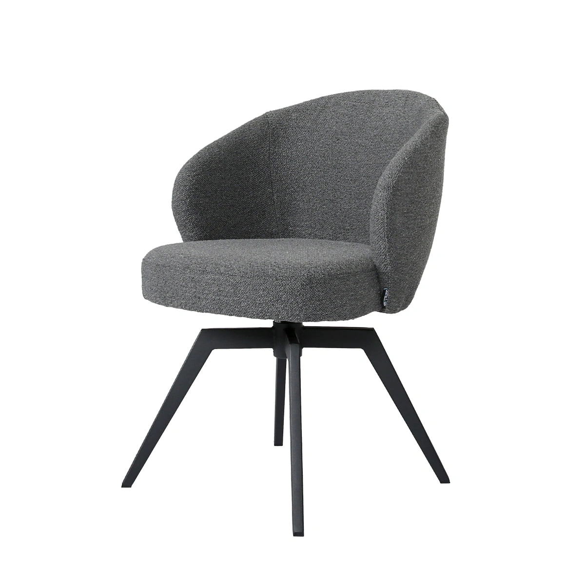 Gray upholstered chair with black metal legs on a white background