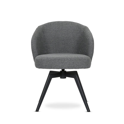 Gray upholstered chair with black metal legs on a white background
