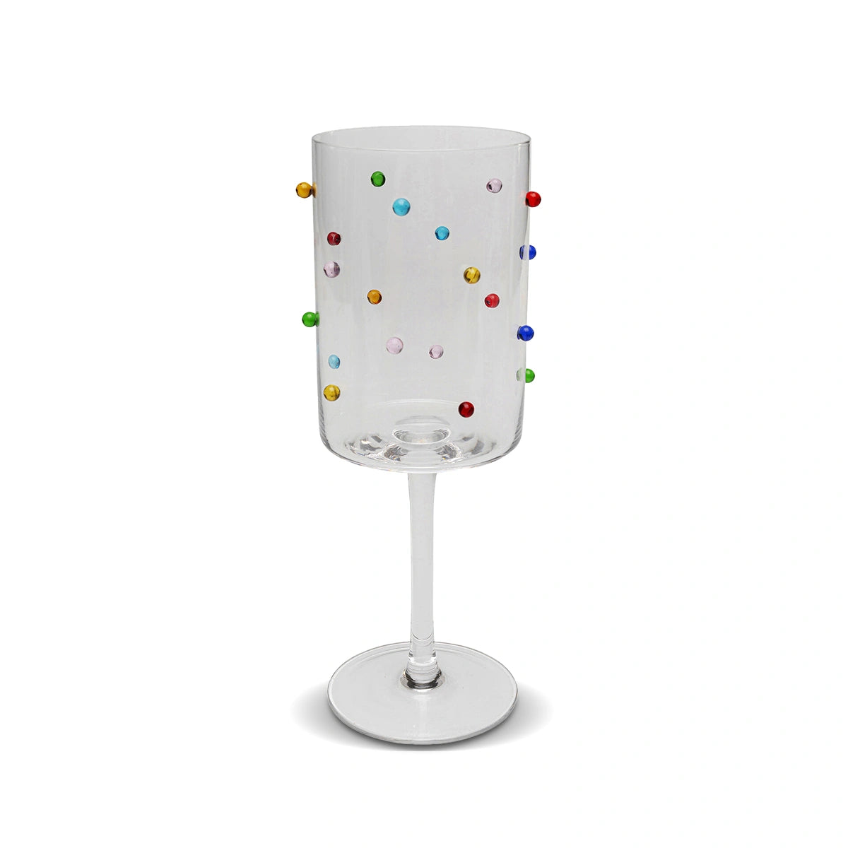 White wine glass with colorful beads on a white background