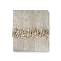 Textured throw blanket with fringes on a white background
