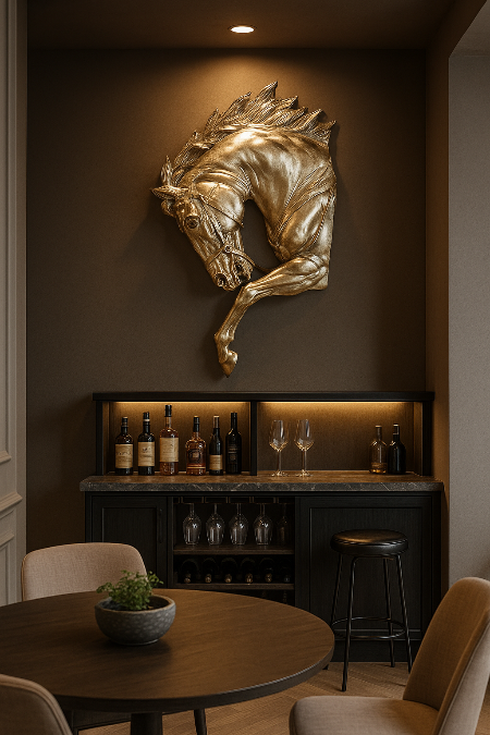 Gold horse head sculpture on a wall above a bar with wine bottles and glasses- Eclipse Stallion – Metallic Wall Sculpture