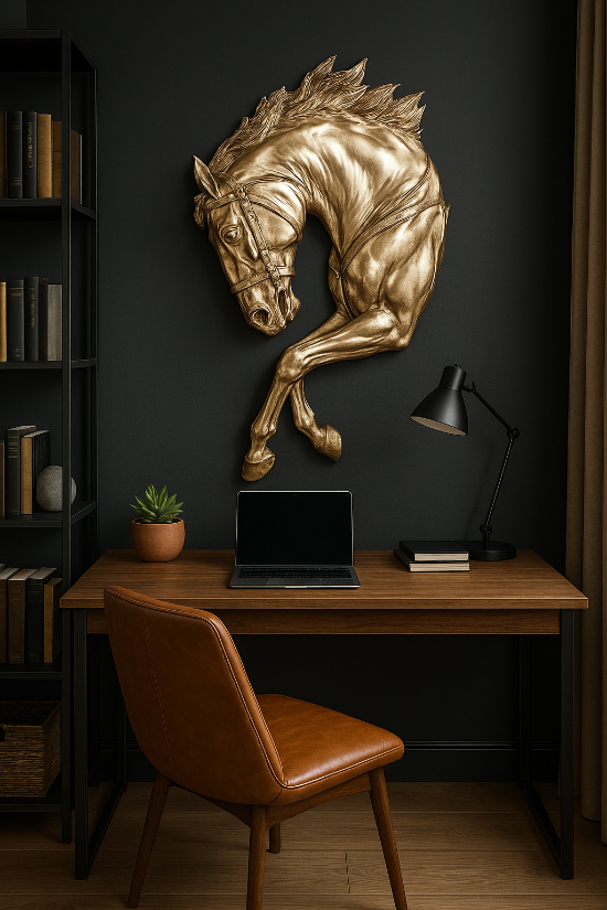 Gold horse head sculpture on a dark wall above a desk with a laptop and lamp - Eclipse Stallion – Metallic Wall Sculpture