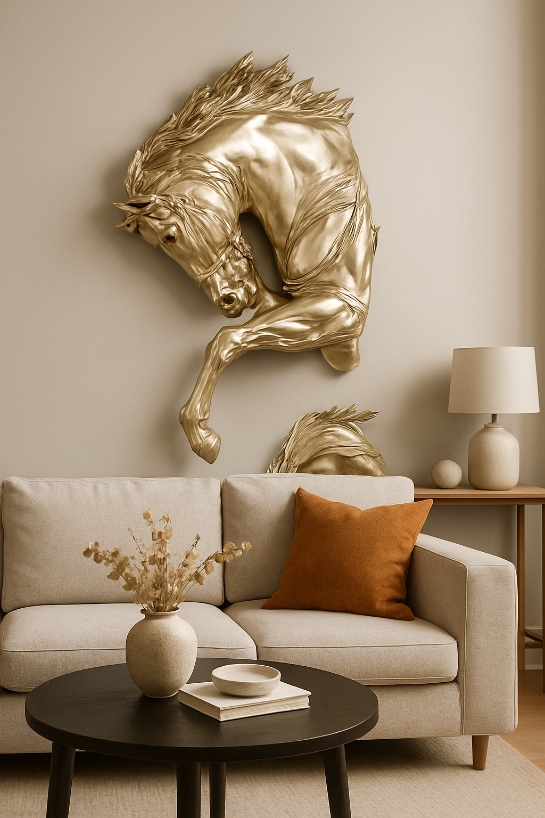 Gold horse sculpture on a wall above a beige sofa with decorative items- Eclipse Stallion – Metallic Wall Sculpture
