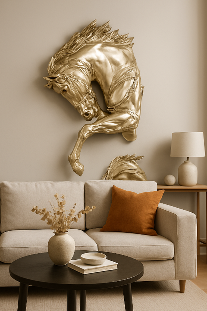 Gold horse sculpture on a wall above a beige sofa with decorative items- Eclipse Stallion – Metallic Wall Sculpture