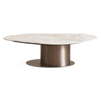 Round marble coffee table with bronze base on a white background