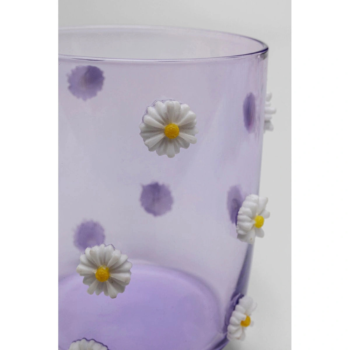 Clear container with purple polka dots and white flowers with yellow centers on a white background