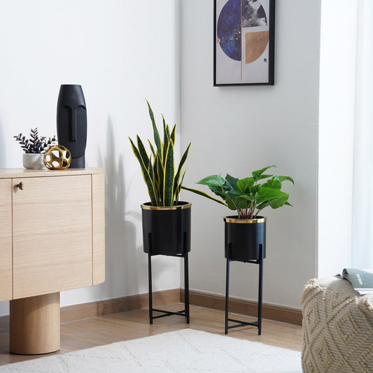 Two black plant stands with green plants in a room with a wooden cabinet and a framed picture on the wall.