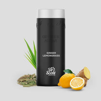 Black diffuser aroma bottle labeled 'Ginger Lemongrass' by Dr. Scent with lemongrass, lemon, and ginger on a light gray background.