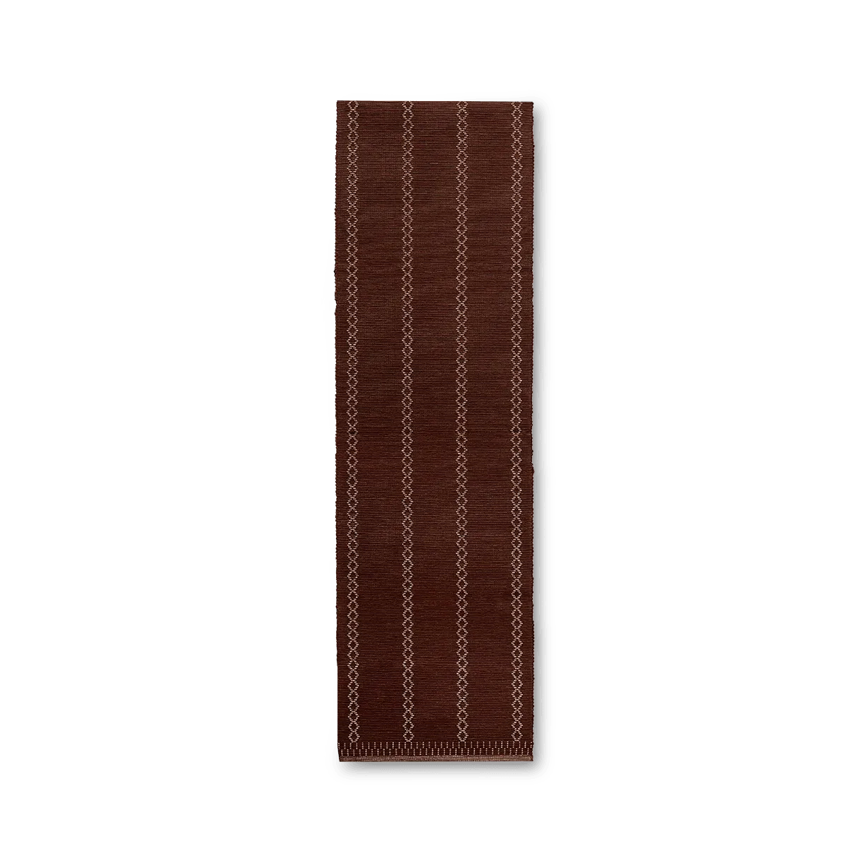 Brown runner rug with geometric pattern on a white background