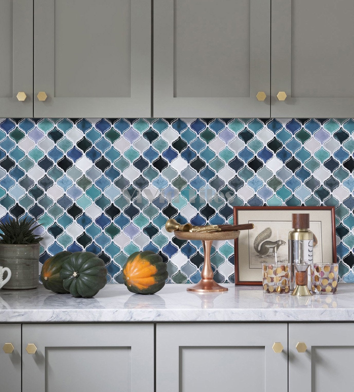 Thicker Upgrade Blue Marble Arabesque Vinyl Tile-HB500