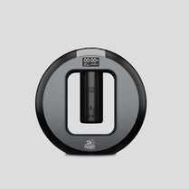Black and gray electronic device with a digital display on a light gray background