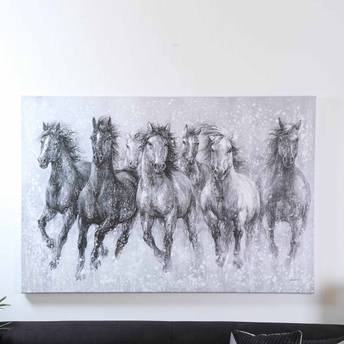 Canvas print of a black and white horse painting on a wall.