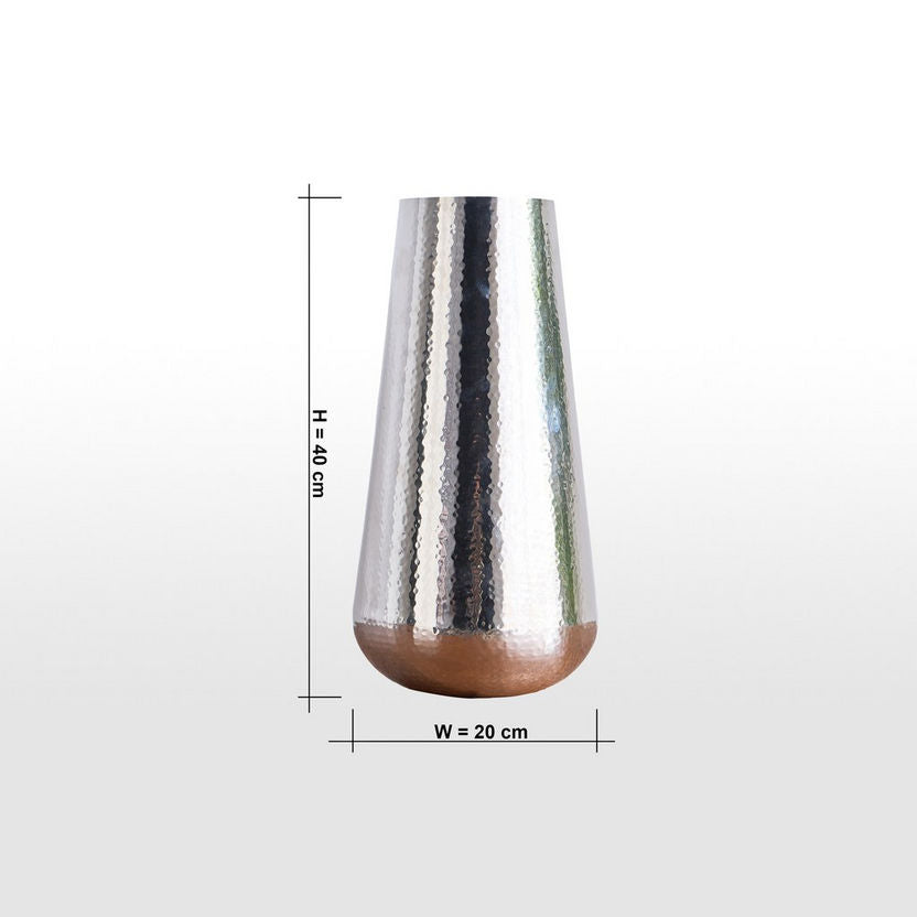 Silver vase with dimensions on a white background