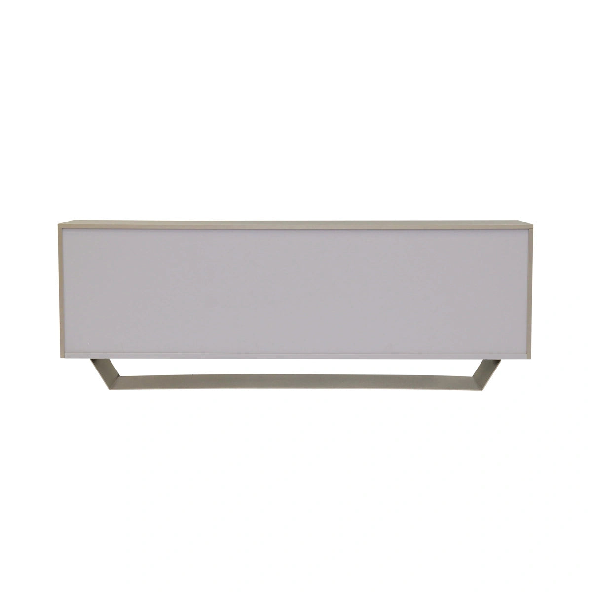 Rectangular table with a light gray top and bronze legs on a white background