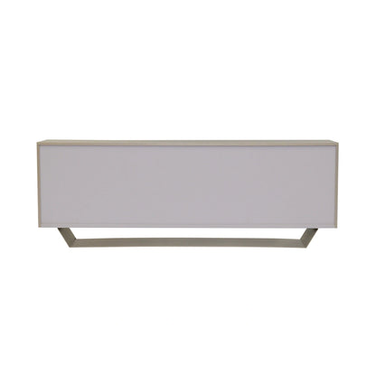 Rectangular table with a light gray top and bronze legs on a white background