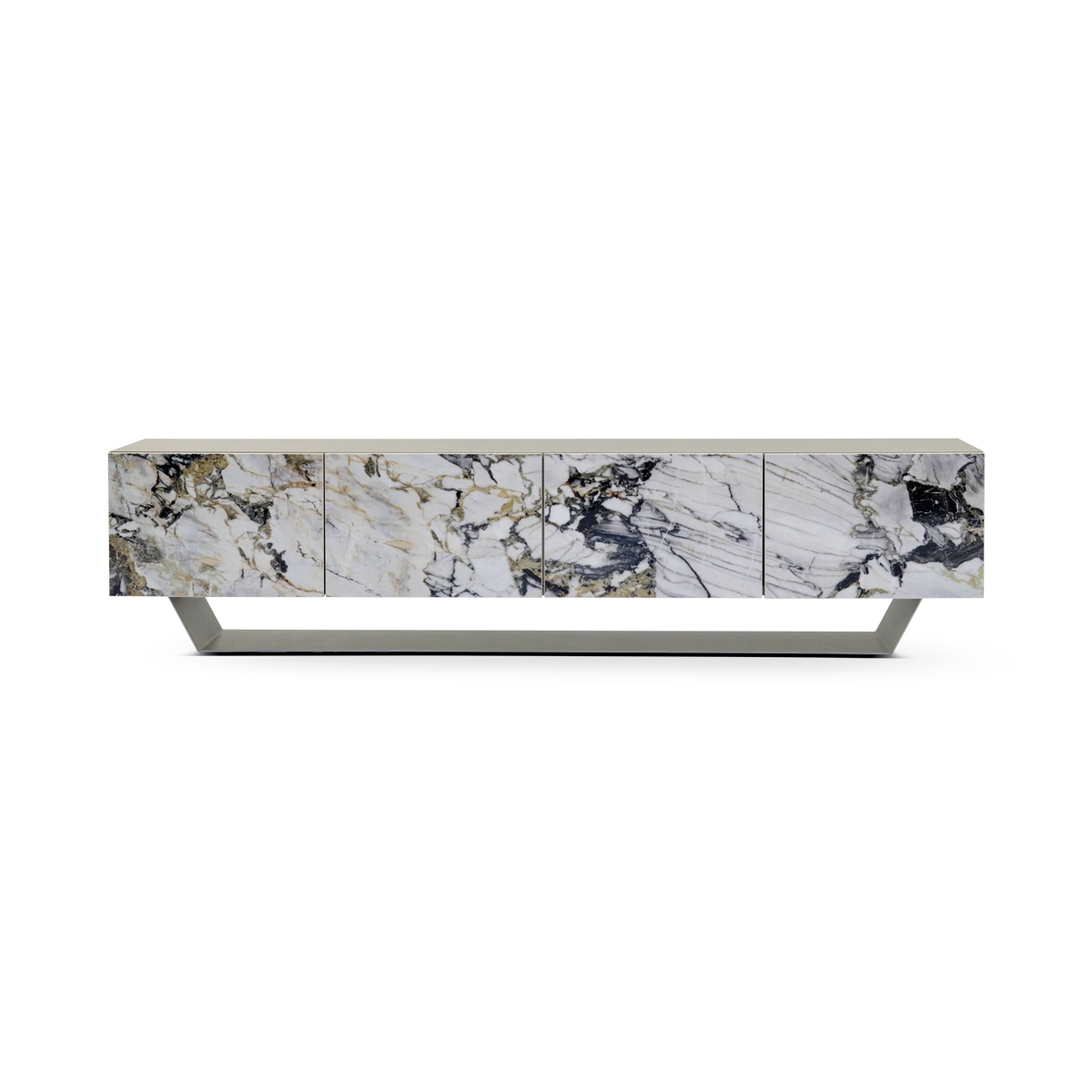 Marble-patterned sideboard with metallic base on a white background