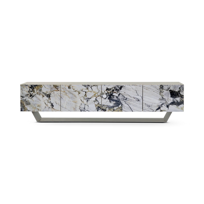 Marble-patterned sideboard with metallic base on a white background