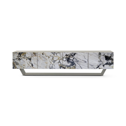 Marble-patterned sideboard with metallic base on a white background