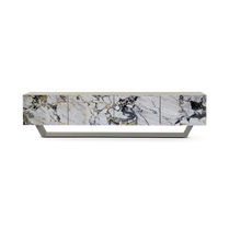 Marble-patterned sideboard with metallic base on a white background