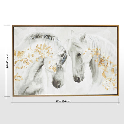 Framed artwork of two white horses with gold accents on a white background