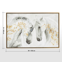 Framed artwork of two white horses with gold accents on a white background