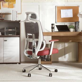 Ergonomic office chair with red seat in a modern office setting