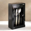 16-piece cutlery set in a black box with 'PAN' branding on a beige background- Kimora 16-Piece Cutlery Set – Gold & Chrome Finish