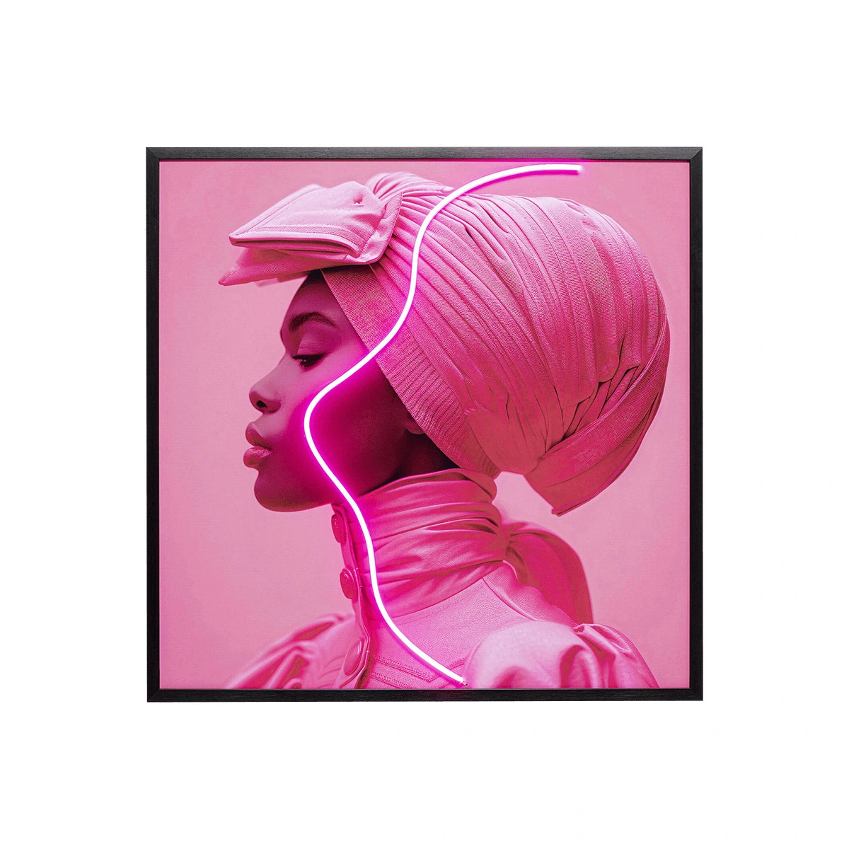 Framed artwork of a person wearing a pink headscarf with a neon light on a pink background