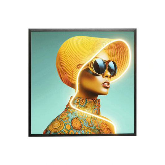 Framed artwork of a stylized woman with a yellow hat and sunglasses on a light blue background