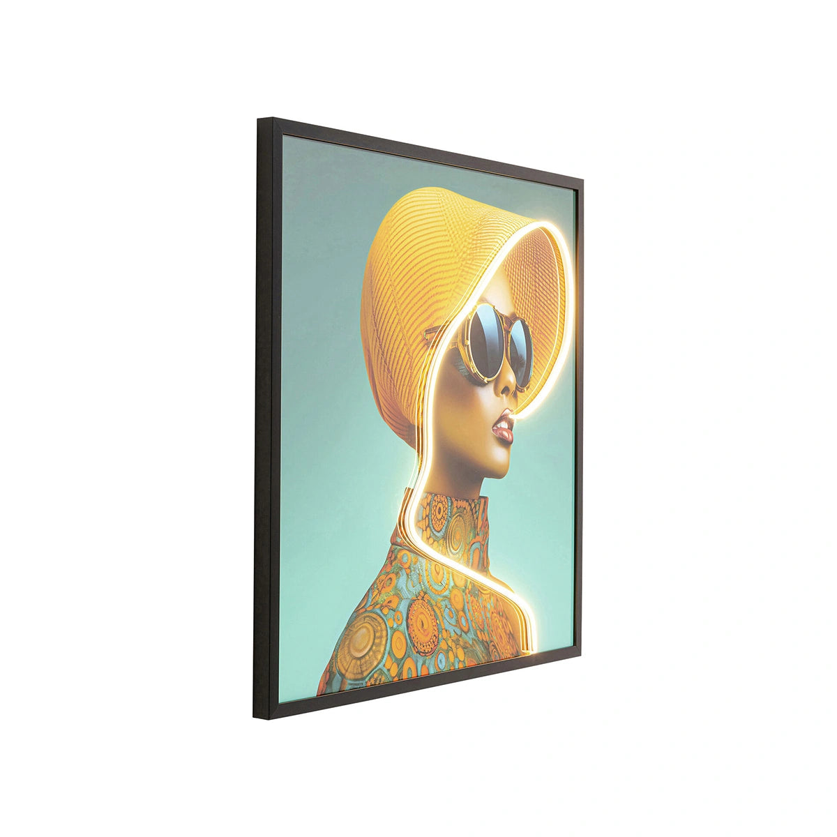 Framed artwork of a stylized woman with a yellow hat and sunglasses on a light blue background