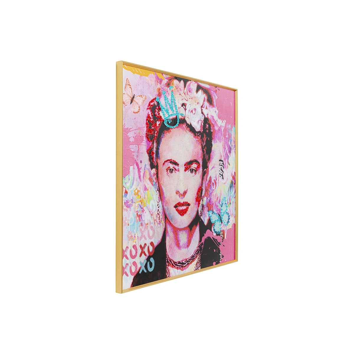 Framed artwork of a stylized portrait with floral elements on a pink background.