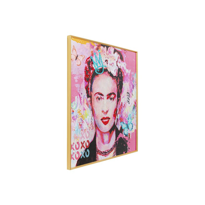 Framed artwork of a stylized portrait with floral elements on a pink background.