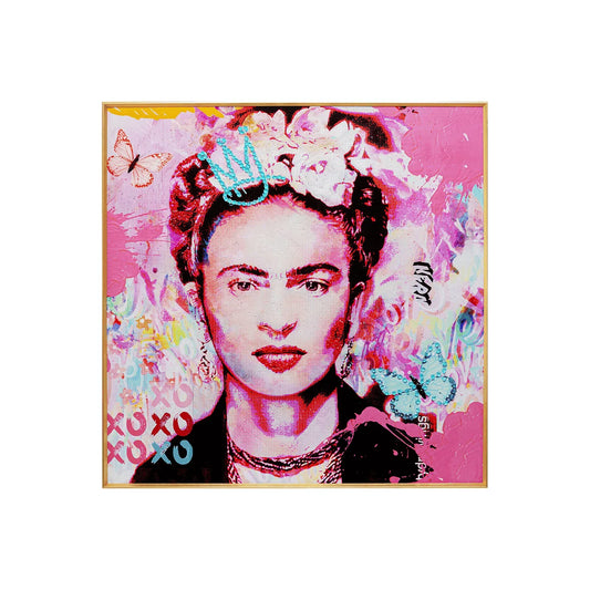 Framed artwork of a stylized portrait with floral elements and colorful text on a pink background.