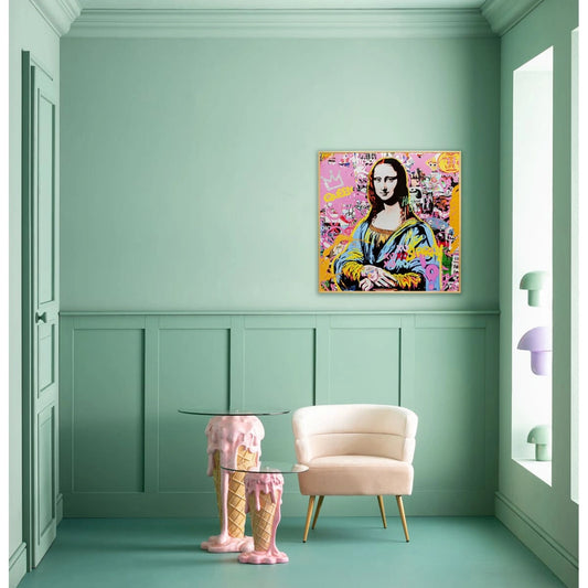 Modern interior with a colorful Mona Lisa painting on a green wall.