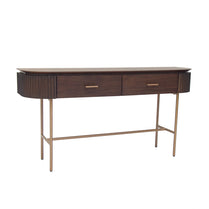 Wooden console table with gold legs on a white background