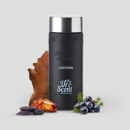 Black diffuser aroma bottle labeled 'Dr. Scent' with leather scent, surrounded by amber, berries, and wood on a light gray background.