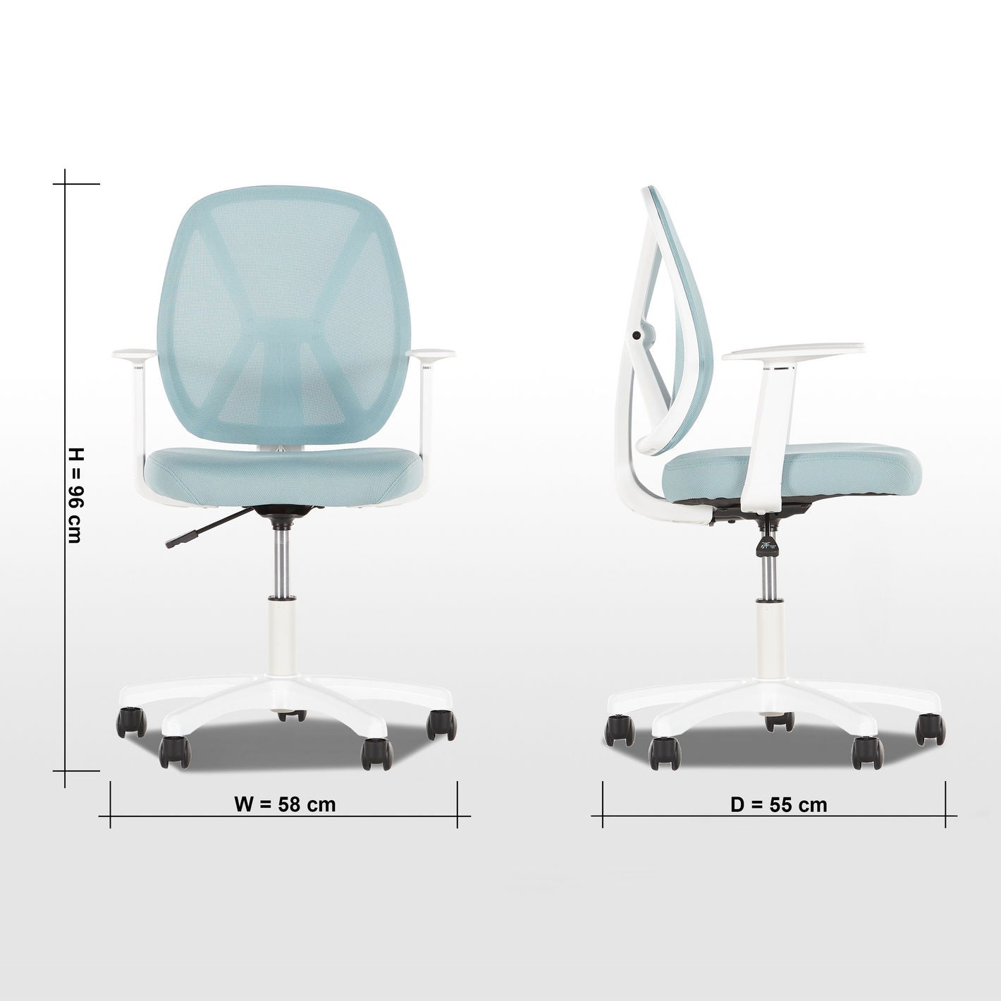Blue office chair with dimensions on a white background