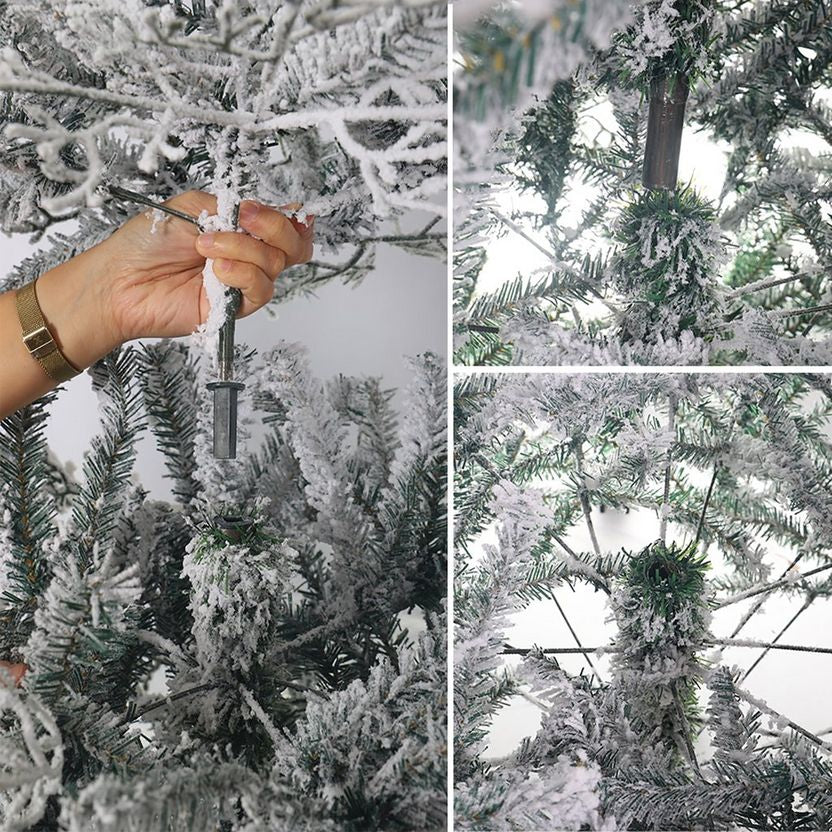 Collage of a person using a tool on a frosted artificial Christmas tree.
