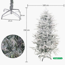 Frosty Christmas tree with measurements and weight details on a white background