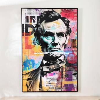 Colorful abstract portrait of a historical figure on a white wall