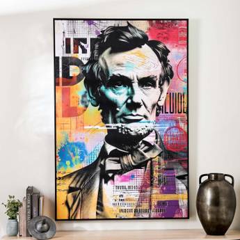 Colorful abstract portrait of a historical figure on a wall with books and a vase below.