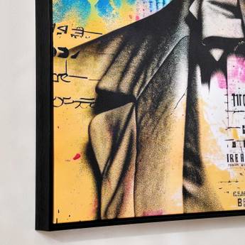 Abstract art piece with a dark figure against a colorful background