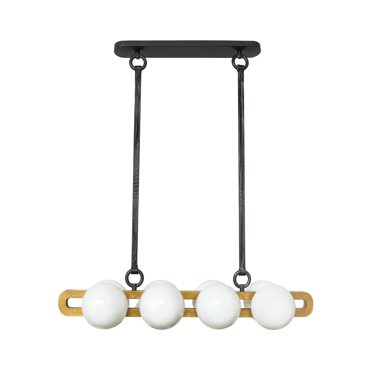 Modern pendant light with white spherical bulbs and wooden accents on a white background