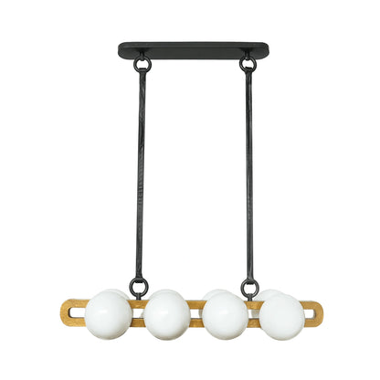 Modern pendant light with white spherical bulbs and wooden accents on a white background