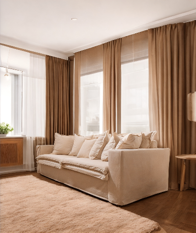 Living room with beige sofa, large windows, and brown curtains - London Collection Sofa – Minimalist Comfort for Modern Living | Vella Concept