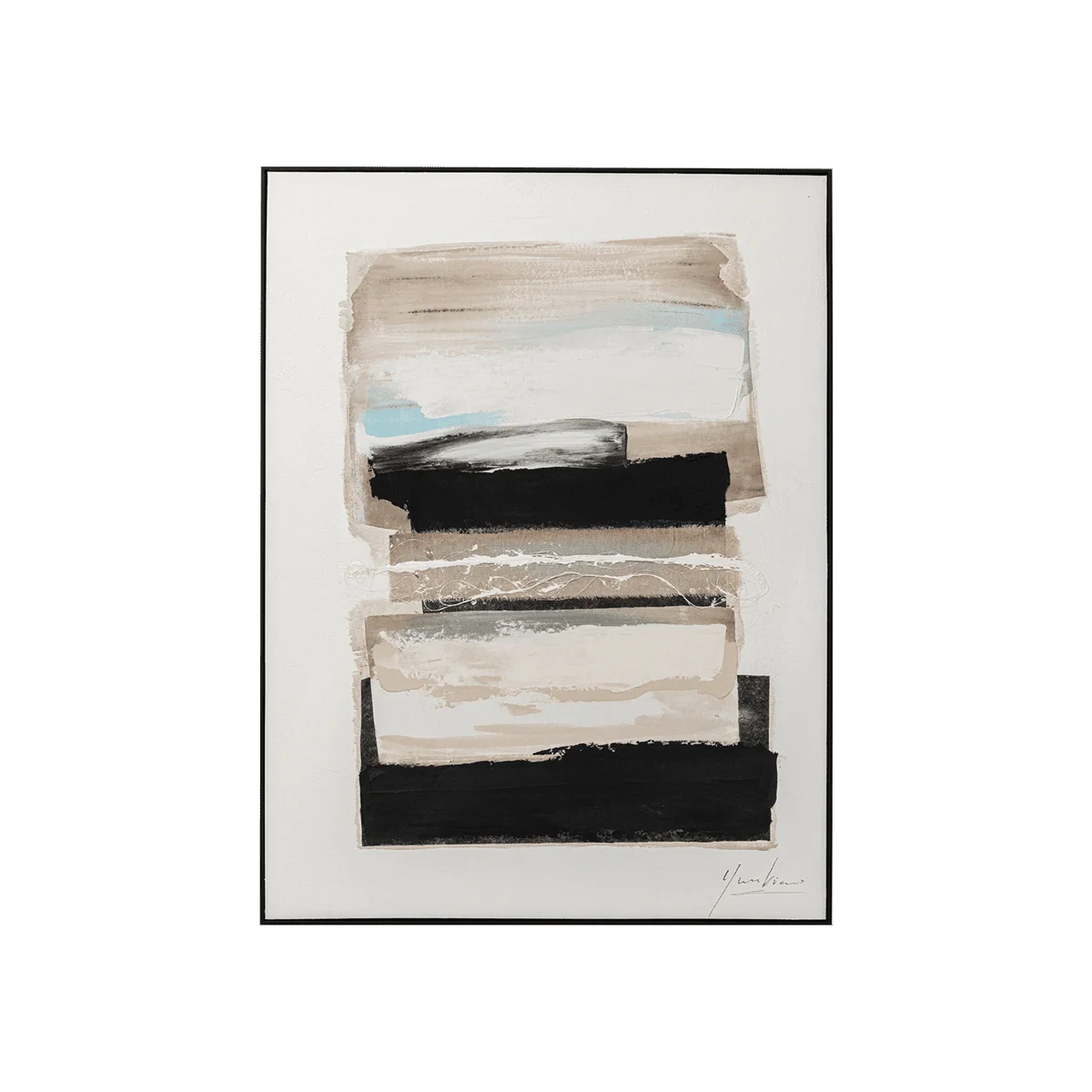 Abstract art piece with horizontal brush strokes in black, white, and beige on a white background.