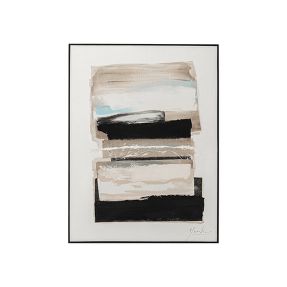 Abstract art piece with horizontal brush strokes in black, white, and beige on a white background.