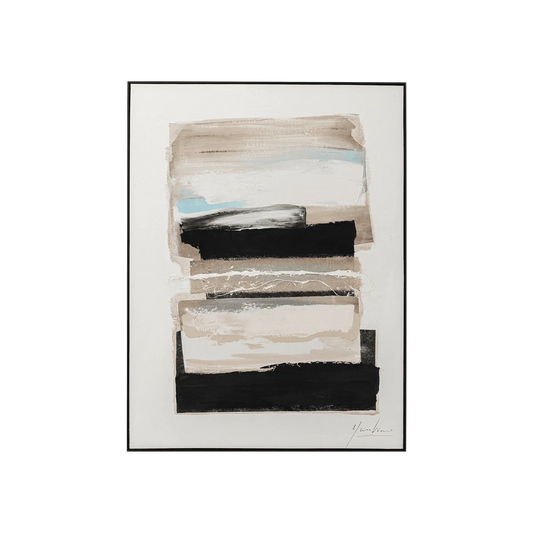 Abstract art piece with horizontal brush strokes in black, white, and beige on a white background.