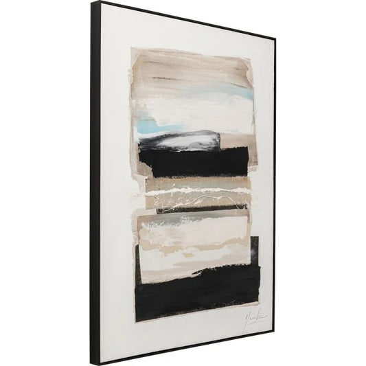Abstract art piece with horizontal stripes in black, white, and gray on a white background