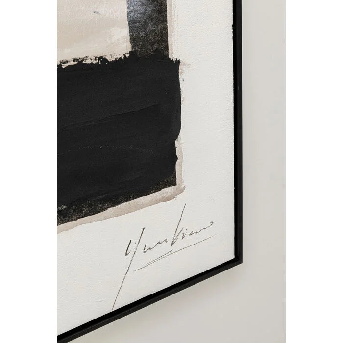 Abstract art piece with black and white brush strokes and a signature on a white background